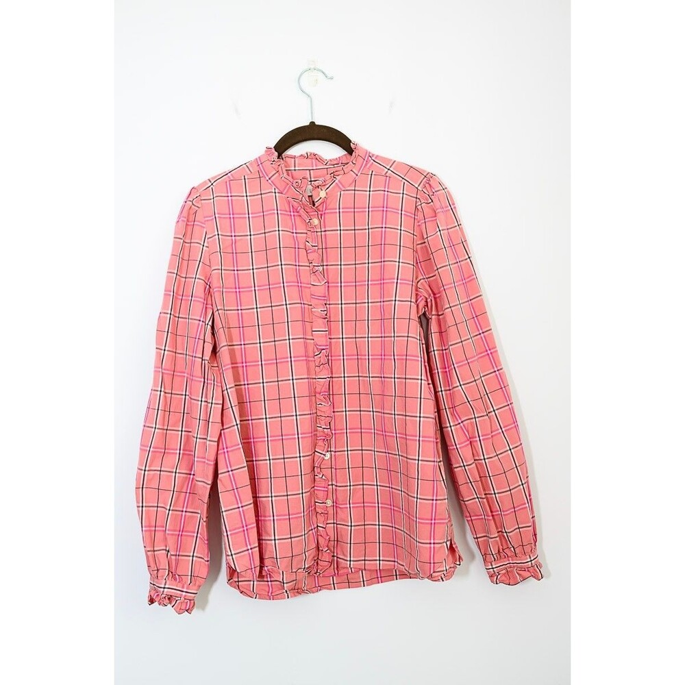 LOFT Button Down Shirt S Pink Plaid ruffle collar‎